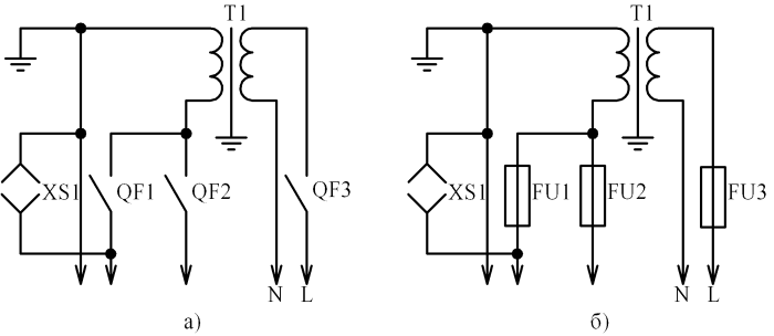 Рисунок 2 – Схемы электрические принципиальные ящиков с понижающим трансформатором типа ЯТП-0,25: а) – на автоматических выключателях- б) – на предохранителях
