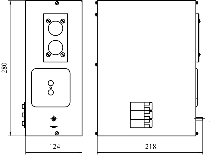 Рисунок 1 – Общий вид и габаритные размеры ящиков с понижающим трансформатором типа ЯТП-0,25