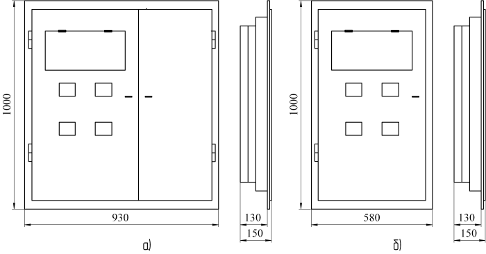 Рисунок 1 – Общий вид и габаритные размеры щитков этажных серии ЩЭ: а) со слаботочным отсеком- б) без слаботочного отсека