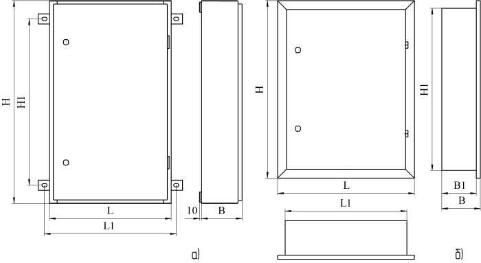 Рисунок 1 – Общий вид шкафов распределения электрической энергии серии ШРЭ: а) навесного исполнения- б) встроенного исполнения